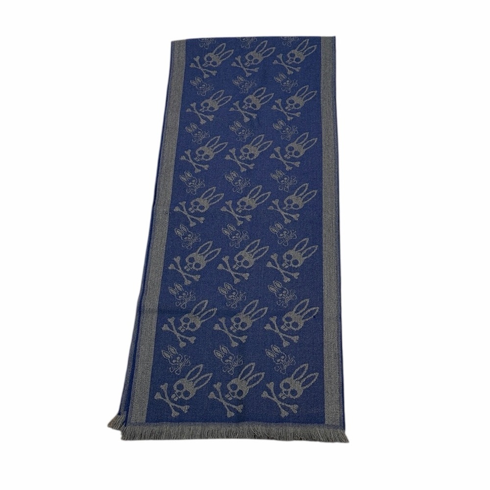 Psycho Bunny Gray And Blue Logo Wool Scarf